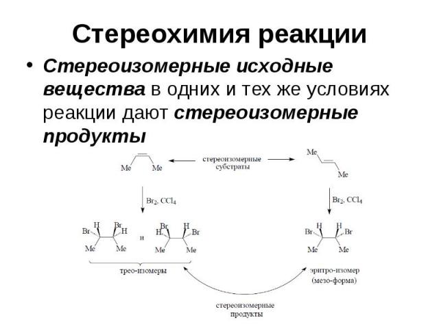Стереохимия реакции Стереоизомерные исходные вещества в одних и тех же условиях реакции дают стереоизомерные продукты