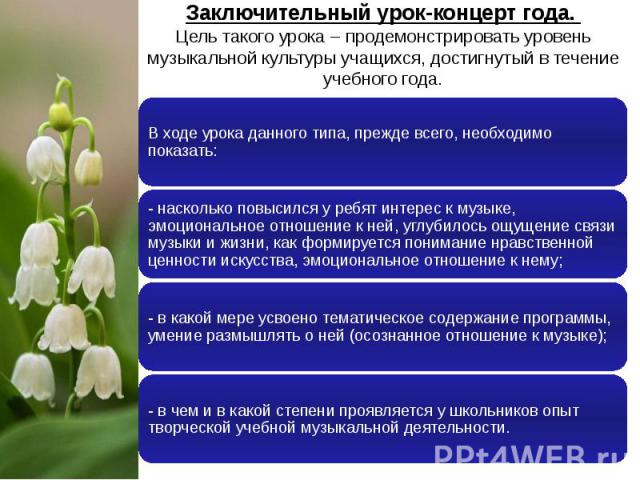 Заключительный урок-концерт года. Цель такого урока – продемонстрировать уровень музыкальной культуры учащихся, достигнутый в течение учебного года.