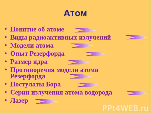 Понятие об атоме Понятие об атоме Виды радиоактивных излучений Модели атома Опыт Резерфорда Размер ядра Противоречия модели атома Резерфорда Постулаты Бора Серии излучения атома водорода Лазер