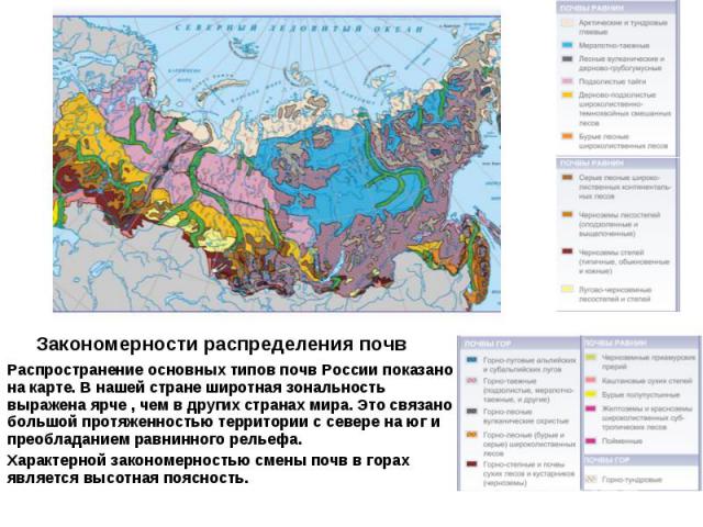 Распространение основных типов почв России показано на карте. В нашей стране широтная зональность выражена ярче , чем в других странах мира. Это связано с большой протяженностью территории с севере на юг и преобладанием равнинного рельефа. Распростр…
