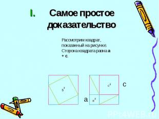 Рассмотрим квадрат, показанный на рисунке. Сторона квадрата равна a + c. Рассмот