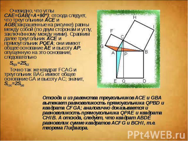 Очевидно, что углы CAE=GAB(=A+90°); отсюда следует, что треугольники ACE и AGB(закрашенные на рисунке) равны между собой (по двум сторонам и углу, заключённому между ними). Сравним далее треугольник ACE и прямоугольник PQEA; они имеют общее основани…