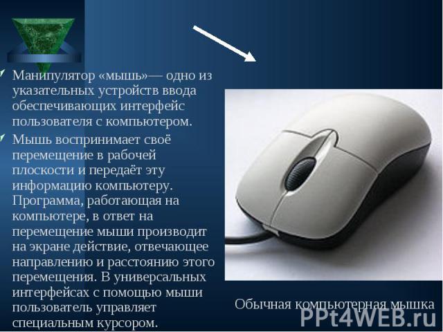 Манипулятор «мышь»— одно из указательных устройств ввода обеспечивающих интерфейс пользователя с компьютером. Манипулятор «мышь»— одно из указательных устройств ввода обеспечивающих интерфейс пользователя с компьютером. Мышь воспринимает своё переме…