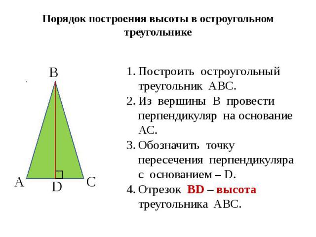 Порядок построения высоты в остроугольном треугольнике