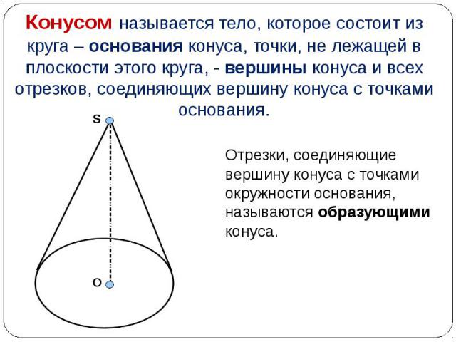 Отрезки, соединяющие вершину конуса с точками окружности основания, называются образующими конуса. Отрезки, соединяющие вершину конуса с точками окружности основания, называются образующими конуса.
