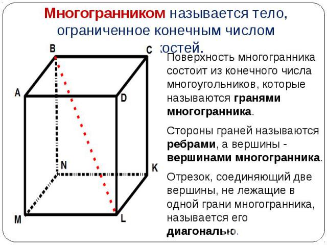 Поверхность многогранника состоит из конечного числа многоугольников, которые называются гранями многогранника. Поверхность многогранника состоит из конечного числа многоугольников, которые называются гранями многогранника. Стороны граней называются…