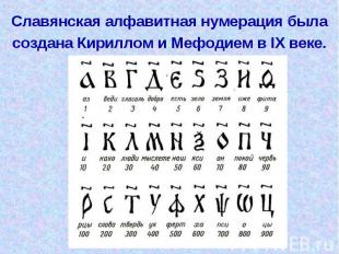 Славянская алфавитная нумерация была создана Кириллом и Мефодием в IX веке.