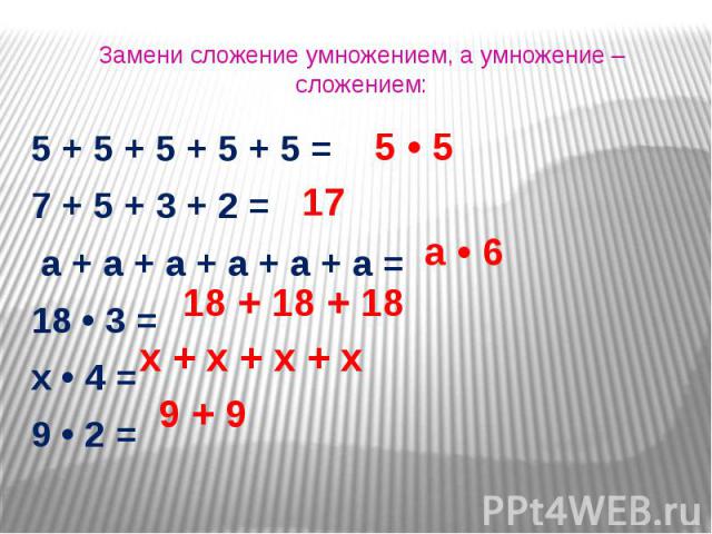 Замени сложение умножением, а умножение – сложением: 5 + 5 + 5 + 5 + 5 = 7 + 5 + 3 + 2 = а + а + а + а + а + а = 18 • 3 = х • 4 = 9 • 2 =
