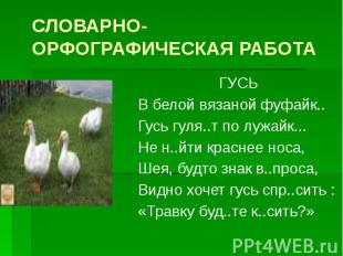 СЛОВАРНО-ОРФОГРАФИЧЕСКАЯ РАБОТА ГУСЬ В белой вязаной фуфайк.. Гусь гуля..т по лу