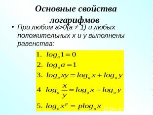 При любом a&gt;0(a ≠ 1) и любых положительных x и y выполнены равенства: При люб