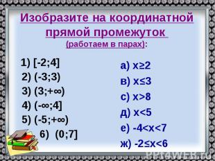 Изобразите на координатной прямой промежуток (работаем в парах): 1) [-2;4] 2) (-