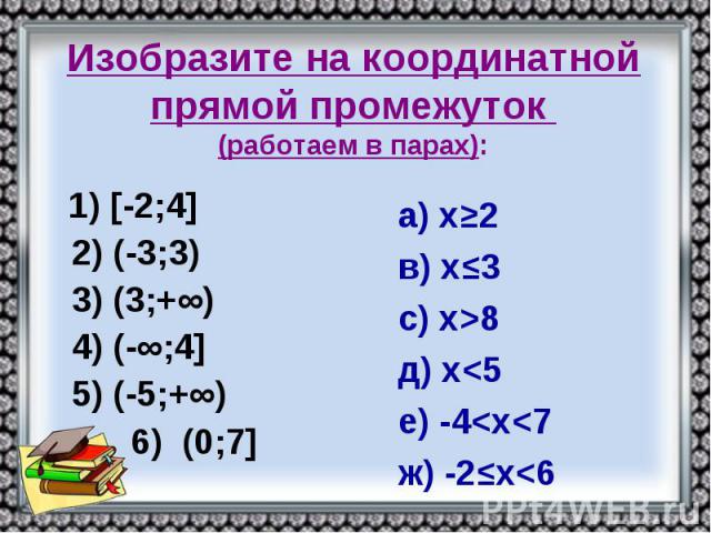 Изобразите на координатной прямой промежуток (работаем в парах): 1) [-2;4] 2) (-3;3) 3) (3;+∞) 4) (-∞;4] 5) (-5;+∞) 6) (0;7]