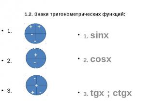 1.2. Знаки тригонометрических функций: 1. 2. 3.