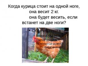 Когда курица стоит на одной ноге, она весит 2 кг. Сколько она будет весить, если