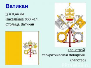 Ватикан S = 0,44 км2 Население 860 чел. Столица Ватикан Гос. строй теократическа