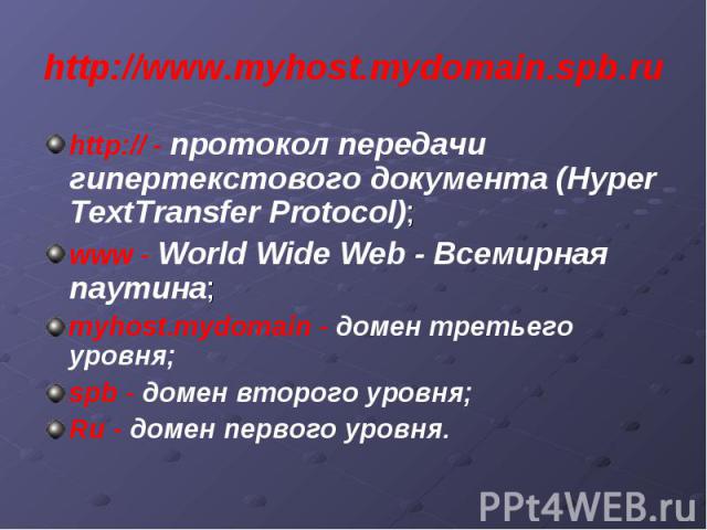 http://www.myhost.mydomain.spb.ru http:// - протокол передачи гипертекстового документа (Hyper TextTransfer Protocol); www - World Wide Web - Всемирная паутина; myhost.mydomain - домен третьего уровня; spb - домен второго уровня; Ru - домен первого …