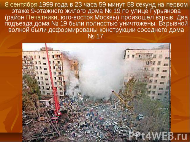8 сентября 1999 года в 23 часа 59 минут 58 секунд на первом этаже 9-этажного жилого дома № 19 по улице Гурьянова (район Печатники, юго-восток Москвы) произошёл взрыв. Два подъезда дома № 19 были полностью уничтожены. Взрывной волной были д…