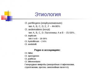 Этиология Cl. perfringens (emphysematosum) тип A, B, C, D, E, F – 44-90% Cl. aed