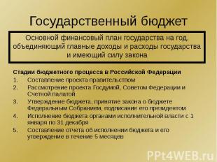 Государственный бюджет Стадии бюджетного процесса в Российской Федерации Составл