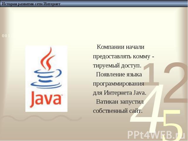 Компании начали Компании начали предоставлять комму - тируемый доступ. Появление языка программирования для Интернета Java. Ватикан запустил собственный сайт.