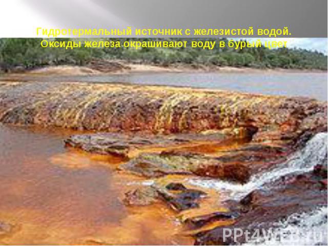 Гидротермальный источник с железистой водой. Оксиды железа окрашивают воду в бурый цвет