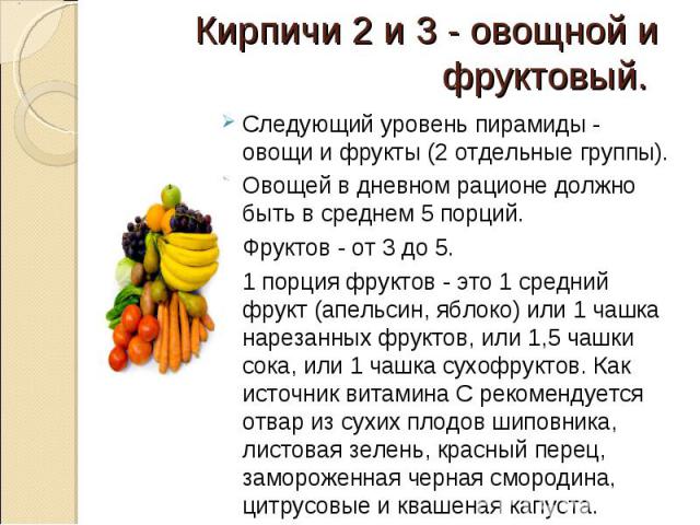     Следующий уровень пирамиды - овощи и фрукты (2 отдельные группы). Овощей в дневном рационе должно быть в среднем 5 порций. Фруктов - от 3 до 5. 1 порция фруктов - это 1 средний фрукт (апельсин, яблоко) или 1 чашка нарезанных фруктов, и…