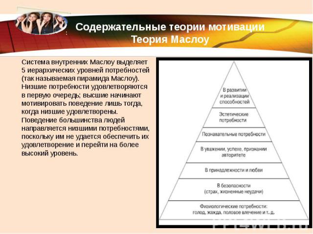 Содержательные теории мотивации Теория Маслоу Система внутренних Маслоу выделяет 5 иерархических уровней потребностей (так называемая пирамида Маслоу). Низшие потребности удовлетворяются в первую очередь; высшие начинают мотивировать поведение лишь …