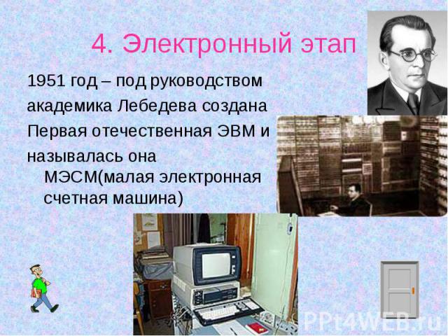 1951 год – под руководством 1951 год – под руководством академика Лебедева создана Первая отечественная ЭВМ и называлась она МЭСМ(малая электронная счетная машина)