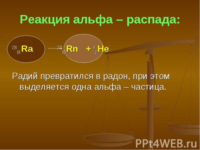 Реакция альфа – распада: 22688 Ra 22286 Rn + 42 Не Радий превратился в радон, при этом выделяется одна альфа – частица.
