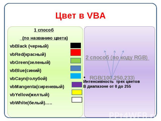 Цвет в VBA 1 способ (по названию цвета) vbBlack (черный) vbRed(красный) vbGreen(зеленый) vbBlue(синий) vbCayn(голубой) vbMangenta(сиреневый) vbYellow(желтый) vbWhite(белый)…..