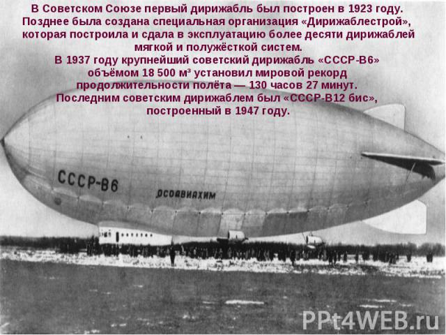 В Советском Союзе первый дирижабль был построен в 1923 году. В Советском Союзе первый дирижабль был построен в 1923 году. Позднее была создана специальная организация «Дирижаблестрой», которая построила и сдала в эксплуатацию более десяти дирижаблей…