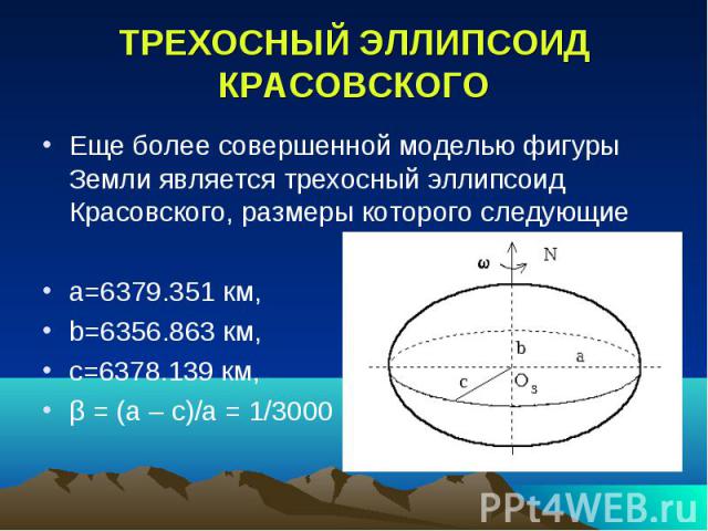 ТРЕХОСНЫЙ ЭЛЛИПСОИД КРАСОВСКОГО Еще более совершенной моделью фигуры Земли является трехосный эллипсоид Красовского, размеры которого следующие а=6379.351 км, b=6356.863 км, с=6378.139 км, β = (а – с)/а = 1/3000