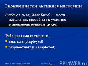 (рабочая сила, labor force) — часть населения, способная к участию в производите