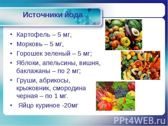 Картофель – 5 мг, Картофель – 5 мг, Морковь – 5 мг, Горошек зеленый – 5 мг; Яблоки, апельсины, вишня, баклажаны – по 2 мг; Груши, абрикосы, крыжовник, смородина черная – по 1 мг. Яйцо куриное -20мг
