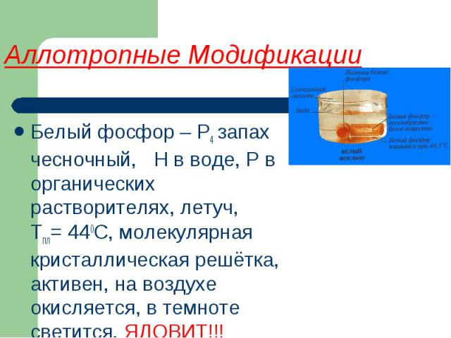 Белый фосфор – P4 запах чесночный, Н в воде, Р в органических растворителях, летуч, Tпл= 440С, молекулярная кристаллическая решётка, активен, на воздухе окисляется, в темноте светится, ЯДОВИТ!!! Белый фосфор – P4 запах чесночный, Н в воде, Р в орган…