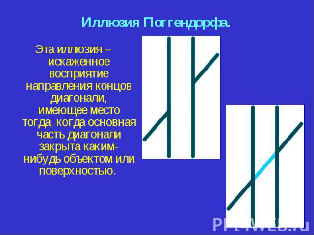 Эта иллюзия – искаженное восприятие направления концов диагонали, имеющее место тогда, когда основная часть диагонали закрыта каким-нибудь объектом или поверхностью. Эта иллюзия – искаженное восприятие направления концов диагонали, имеющее место тог…