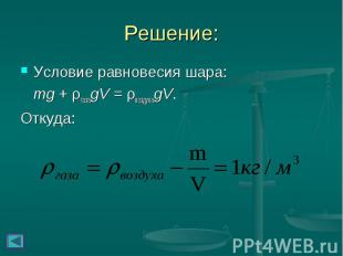 Условие равновесия шара: Условие равновесия шара: mg + ρгазаgV = ρвоздухаgV. Отк