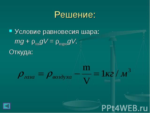 Условие равновесия шара: Условие равновесия шара: mg + ρгазаgV = ρвоздухаgV. Откуда: