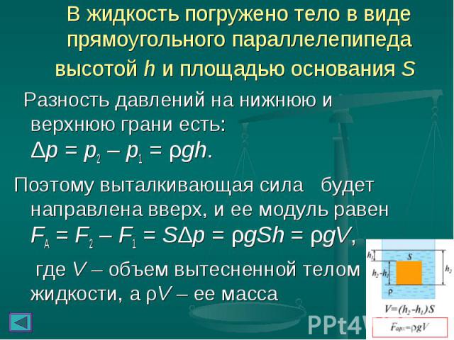 Разность давлений на нижнюю и верхнюю грани есть: Δp = p2 – p1 = ρgh. Разность давлений на нижнюю и верхнюю грани есть: Δp = p2 – p1 = ρgh. Поэтому выталкивающая сила будет направлена вверх…