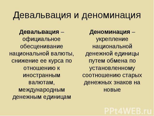 Девальвация – официальное обесценивание национальной валюты, снижение ее курса по отношению к иностранным валютам, международным денежным единицам Девальвация – официальное обесценивание национальной валюты, снижение ее курса по отношению к иностран…