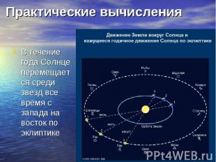 Практические вычисления В течение года Солнце перемещается среди звезд все время