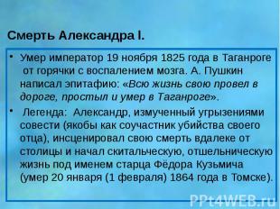 Смерть Александра l. Умер император 19 ноября 1825 года в Таганроге от горячки с