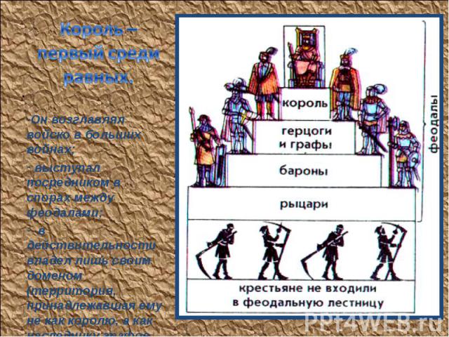 Он возглавлял войско в больших войнах; Он возглавлял войско в больших войнах; выступал посредником в спорах между феодалами; в действительности владел лишь своим доменом (территория, принадлежавшая ему не как королю, а как наследнику графов парижских).