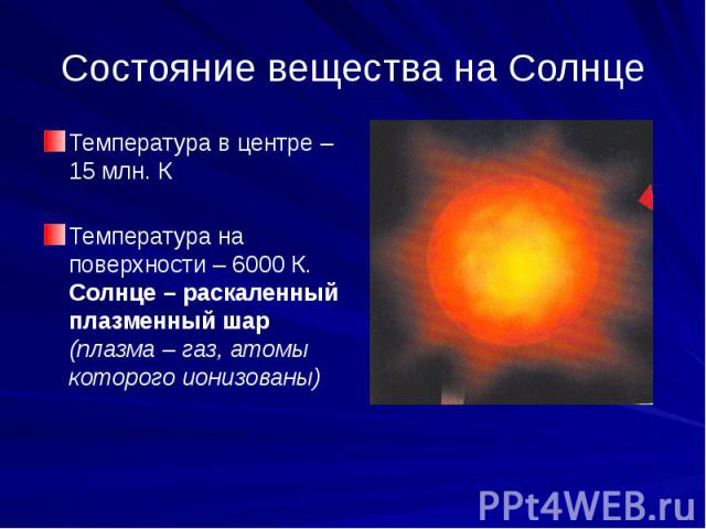 Состояние вещества на Солнце Температура в центре – 15 млн. К Температура на поверхности – 6000 К. Солнце – раскаленный плазменный шар (плазма – газ, атомы которого ионизованы)