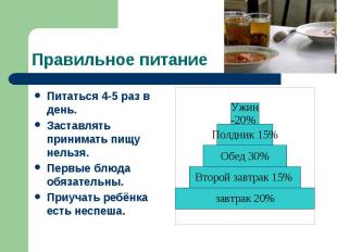 Правильное питание Питаться 4-5 раз в день. Заставлять принимать пищу нельзя. Пе