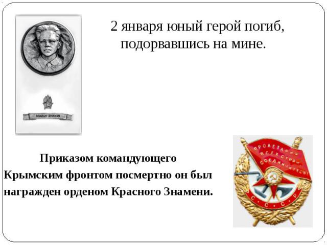 Приказом командующего Приказом командующего Крымским фронтом посмертно он был награжден орденом Красного Знамени.