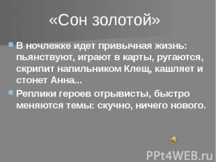 В ночлежке идет привычная жизнь: пьянствуют, играют в карты, ругаются, скрипит н