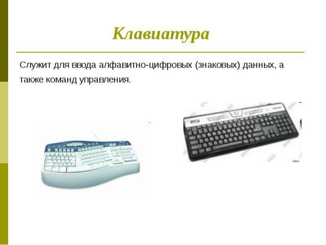 Клавиатура Служит для ввода алфавитно-цифровых (знаковых) данных, а также команд управления.