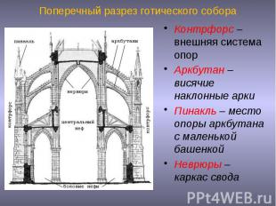 Поперечный разрез готического собора Контрфорс – внешняя система опор Аркбутан –