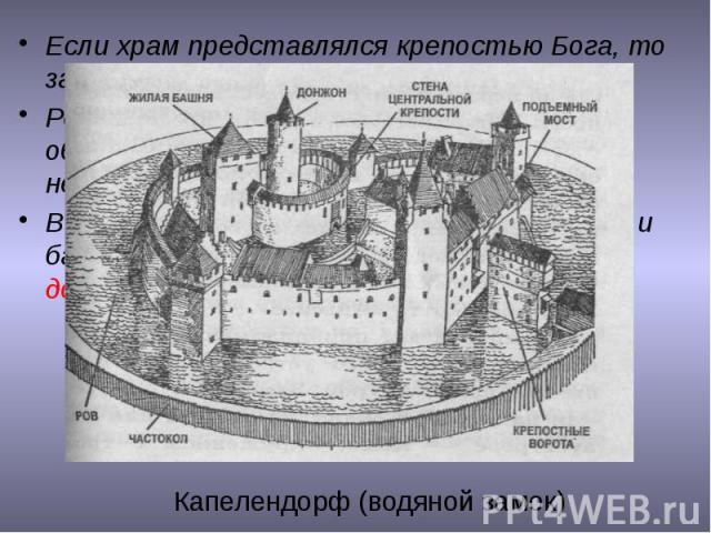 Если храм представлялся крепостью Бога, то замок – крепостью рыцаря. Романские каменные замки с мощными оборонительными стенами были неприступными крепостями Внутри замка находились жилые постройки и башнеобразное каменное жилище феодала - донжон